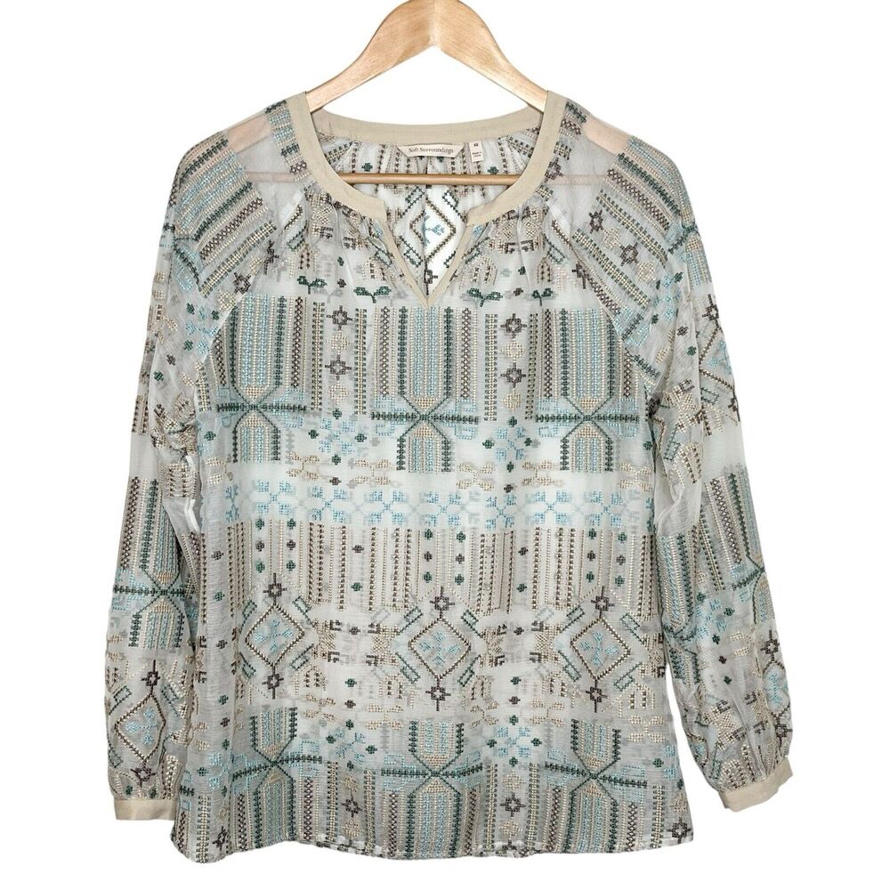 Soft Surroundings Boho Embroidered Sheer Top Womens XS Southwestern Aztec
